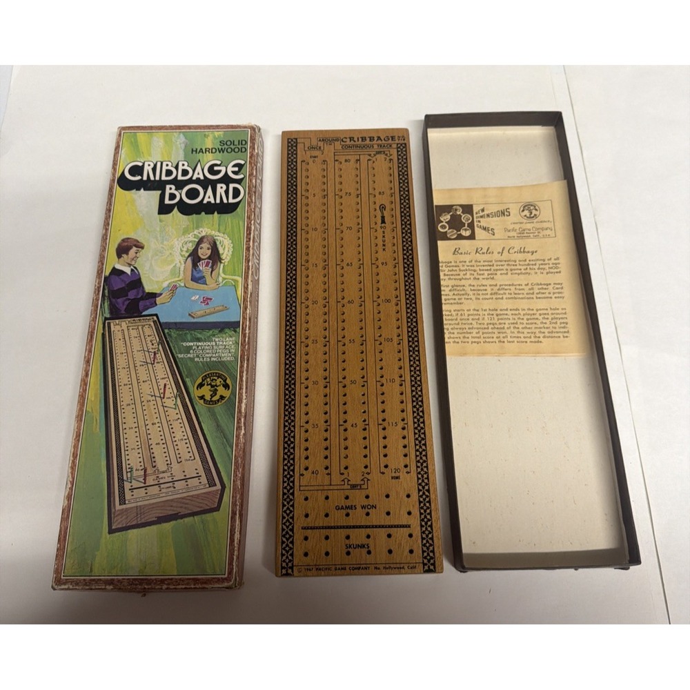 Vintage 1972 PLEASANTIME Two Lane CRIBBAGE BOARD No. 715 Hardwood with Box EUC